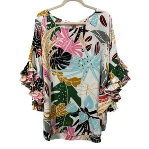 JODIFL Graphic‎ Pink and Blue Flutter Sleeve Blouse